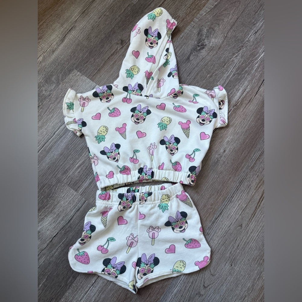 Disney Junior Minnie Mouse Heart Fruit 2 Piece Short Outfit Hoodie Set 2T 3T